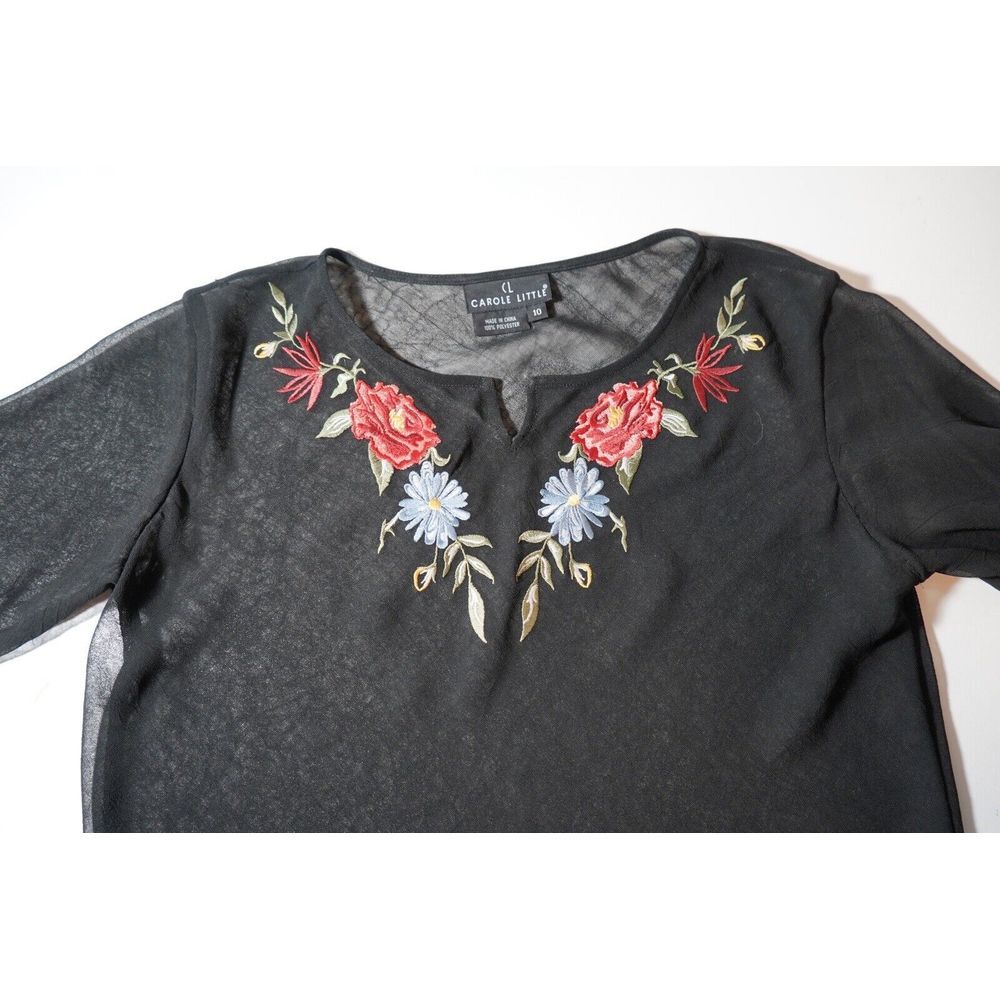 Carole Little Embroidered Mesh Sheer Long Sleeve Black Floral Top,‎ Size 10